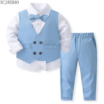  Формальные брюки, Детская одежда, костюм для мальчика, Элегантная одежда, Синий Костюм для маленьких мальчиков, Джентльменская рубашка, галстук, жилет, комплект из 3 предметов, Детский День Рождения