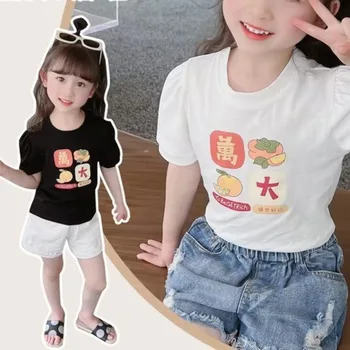 Хлопчатобумажная футболка для девочек, летняя красная сетка, Детская футболка с короткими рукавами и принтом в иностранном стиле, Детские топы, детская одежда