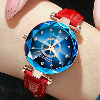  Элегантные женские часы с кристаллами, люксовый бренд, кварцевые, водонепроницаемый кожаный ремешок, женские наручные часы с голубым бриллиантом Reloj Mujer