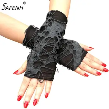  1 пара черных перчаток с рваными отверстиями без пальцев, аксессуары для костюмированной вечеринки в стиле готический панк, Хэллоуин, теплые манжеты для рук в потертом стиле