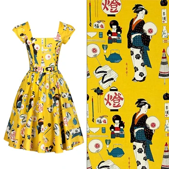  100% хлопчатобумажная ткань для одежды ретро японский японский стиль DIY ручной работы обычная хлопчатобумажная ткань с принтом кимоно ткань для одежды лист c