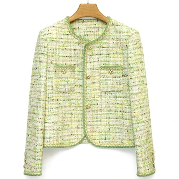  2023 Весенне-осенние женские высококачественные твидовые куртки в милую зеленую клетку с карманами, короткое пальто с круглым вырезом F098