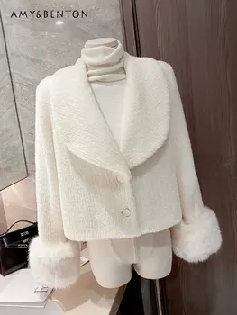  2023 Зима Новый Стиль Белое Короткое пальто Женская манжета Защита окружающей среды Норковая укороченная куртка с высококачественной хлопковой подкладкой