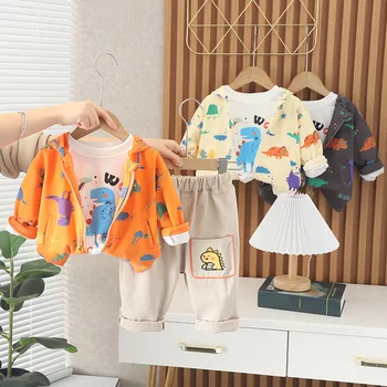  2023 Корейский весенний Детский комплект одежды из 3 предметов для мальчиков, пальто с капюшоном с динозавром, Футболка с длинным рукавом, повседневный брючный костюм для маленьких мальчиков
