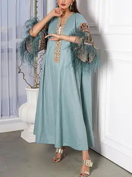  2023 Сезон: Весна-Лето, Новое Женское Длинное Свободное платье, Модное Повседневное Свободное платье с перьями, большое Длинное платье в стиле Крафт-тан, халат Abaya