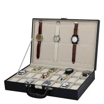  24 Сетки, Коробка для хранения часов из искусственной кожи, чемодан, черный Чехол для часов с крокодиловым узором, Органайзер с замком, подарок