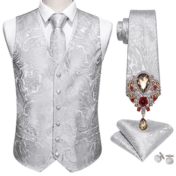  5 шт., дизайнерский мужской свадебный костюм, жилет, серебристый жаккард Пейсли, шелковый жилет, броши для галстука, жилет, комплект Barry.Жених Ван