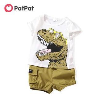  PatPat, комплект из 2 предметов, футболка с короткими рукавами и шортами-карго с рисунком динозавра для маленьких мальчиков