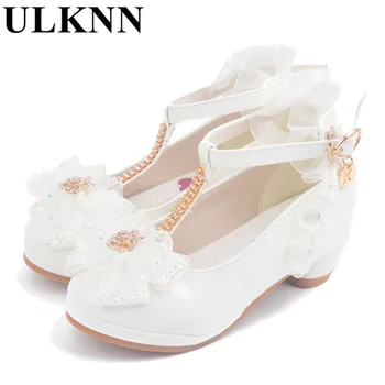  ULKNN/ Босоножки для девочек на высоком каблуке из розовой кожи с пряжкой и ремешком; Детская белая обувь в гладиаторском стиле с бантиком-бабочкой; Размер 26-37; мягкая детская обувь enfant