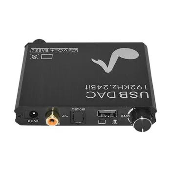  USB DAC 192 кГц 24-битный цифроаналоговый преобразователь с регулятором низких частот и громкости, коаксиальный Toslink в аналоговый стерео L / R RCA