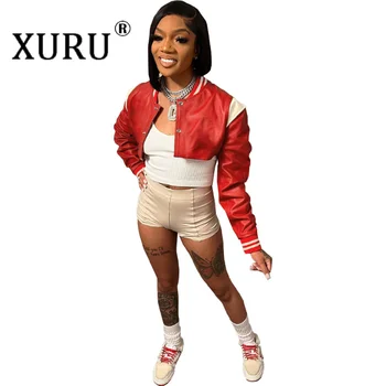  XURU-Весенняя Новая Женская однотонная кожаная куртка с длинным рукавом, Маленькое Пальто, ультракороткое Бейсбольное 79A8690