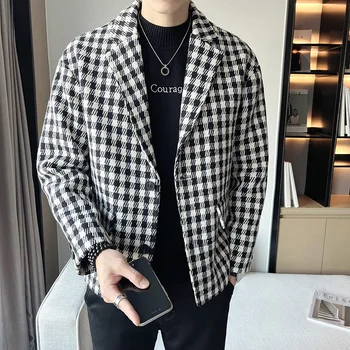  Брендовая одежда 2023, мужская осенне-зимняя высококачественная повседневная клетчатая куртка/мужское приталенное модное английское пальто с лацканами Hombre M-3XL