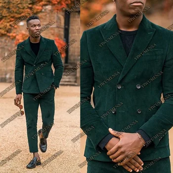  Весенне-осенние Классические вельветовые зеленые Костюмы, сшитые на заказ, Приталенные Двубортные куртки, Повседневный Блейзер с брюками, повседневный африканский костюм