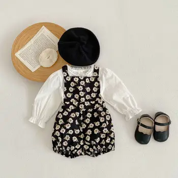  Весенняя мода 2023 года, наряды для девочек, Кружевная блузка с цветочной вышивкой для маленьких девочек, Топы, комбинезоны с принтом для малышей, Комплект из 2 предметов со штанами
