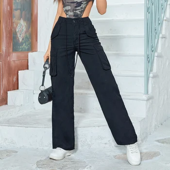  Винтажные брюки-карго GILIPUR, стрейчевые черные женские мешковатые джинсы с множеством карманов, прямые широкие брюки