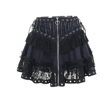  Готические панковские черные короткие Юбки в стиле Рок, милая кружевная Бандажная мини-юбка