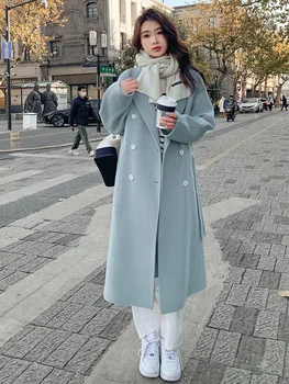  Двустороннее кашемировое пальто 2023 Осень-зима Новая корейская версия Двубортное Свободное шерстяное пальто средней длины на шнуровке для женщин