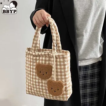  Женская Простая сумка через плечо в клетку с мультяшным медведем, мягкая тканевая сумочка, большая вместительная хлопковая сумка-тоут, холщовая сумка для мумий с песком