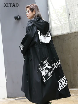  Женский черный тренч XITAO, толстовка с капюшоном Tide, уличная одежда с длинным принтом, Повседневное женское пальто с широкой талией, 2019 ZLL1100