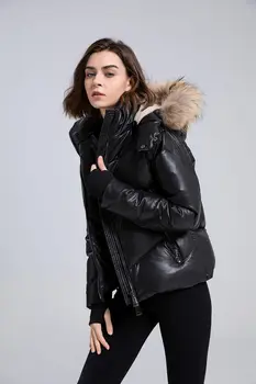  Зимнее взрослое женское веганское кожаное пальто, теплая куртка на пуху с крупным натуральным мехом