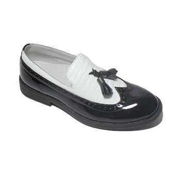  Кожаная обувь для мальчиков в британском стиле, удобные детские черно-белые лоферы без застежки, Элегантное итальянское платье, вечерние туфли на низком каблуке