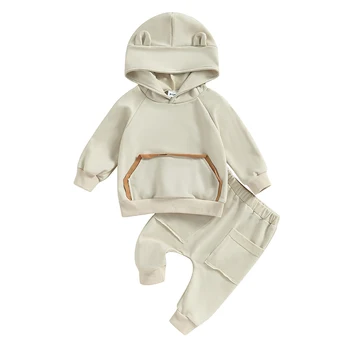  Комплект из 2 предметов для маленьких мальчиков и девочек, толстовка с капюшоном и длинными рукавами, штаны с эластичной резинкой на талии, осенне-зимний спортивный костюм