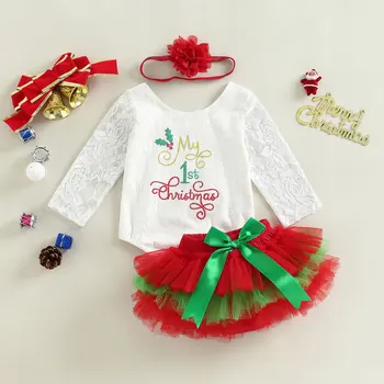  Комплект Рождественских шорт для маленьких девочек, кружевной комбинезон с длинными рукавами и буквенным принтом + Сетчатая фатиновая юбка + костюм с лентой для волос