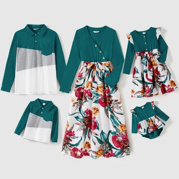  Комплекты рубашек поло из 95% хлопка с цветными блоками PatPat Family и миди-платьев с цветочным принтом с длинными рукавами