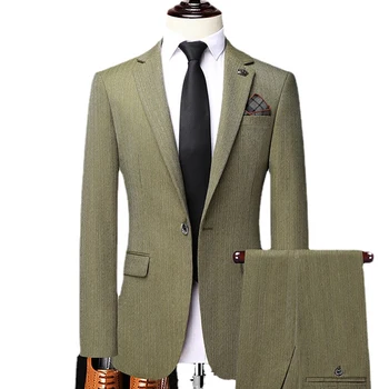  (Куртка + брюки) Приталенный Армейский Зеленый костюм Homme, Мужские костюмы для свадьбы, 2 предмета, смокинг Жениха, Блейзер, Большие Размеры