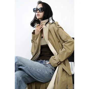  Легкая роскошная ветровка Ji simple, модная ветровка с темпераментом, женское длинное пальто с контрастной строчкой, осеннее пальто