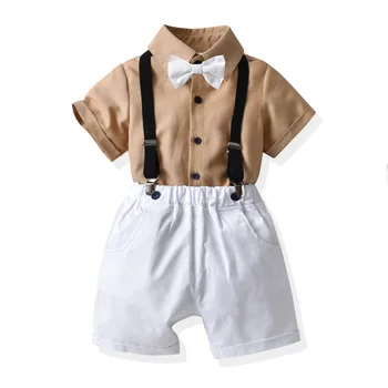  Летняя Детская одежда из 2 предметов для мальчиков, модная джентльменская однотонная футболка с короткими рукавами + Шорты + Ремень + бант, Комплект детской одежды BC017-1