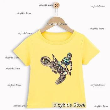  Модная новая футболка для мальчиков, крутая одежда для мальчиков с графическим принтом мотоцикла, Милая детская одежда, футболка, желтая рубашка, топы