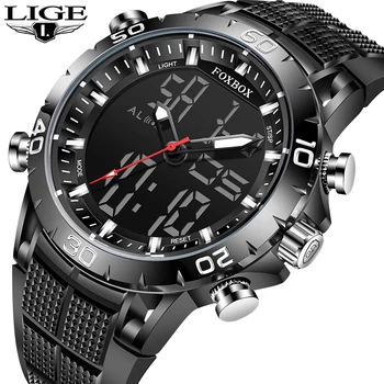  Модные спортивные часы LIGE Для Мужчин, Роскошные кварцевые мужские часы с двойным дисплеем, 50-метровый водонепроницаемый цифровой будильник, военные наручные часы