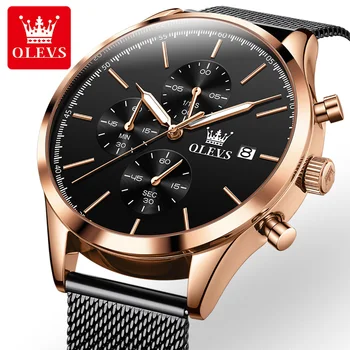  Мужские часы OLEVS, модные кварцевые наручные часы с хронографом, водонепроницаемые мужские часы с сетчатым ремешком из нержавеющей стали, люксовый бренд