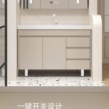  Напольный шкаф для ванной комнаты в кремовом стиле, комбинированный керамический умывальник, современный минималистский умывальник