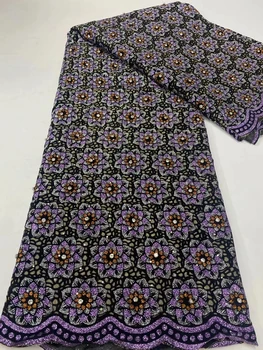  Новейшая Фиолетовая Африканская Бархатная Кружевная Ткань С Камнями 2023, Высококачественная Французская Нигерийская Тюлевая Кружевная Ткань Для Вечернего Платья LHS2314