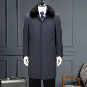  Новое Зимнее Мужское пальто Из Норки, Мужское Пальто с меховым воротником, 65% Шерстяное Пальто, Утолщенное Повседневное На Пуговицах, Высокое Качество, Большие Размеры M-4XL