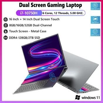  Ноутбук с двойным сенсорным экраном 16 + 14 Дюймов, 32 ГБ оперативной памяти + 2 ТБ SSD, Игровой Ноутбук Core i7 10750H, Процессор Windows 11, Поддержка внешнего графического процессора
