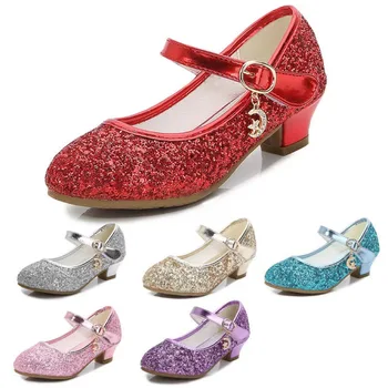  Обувь для девочек, Детские Босоножки На Высоком Каблуке с Блестящими Кристаллами, Модная Детская Танцевальная Обувь Принцессы С Пряжкой, Студенческая Кожаная Обувь Для Выступлений