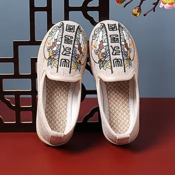  Обувь для мальчиков, обувь из хлопчатобумажной ткани с вышивкой в китайском стиле, удобная детская повседневная обувь на плоской подошве с мягкой подошвой, черный, Бежевый, Белый