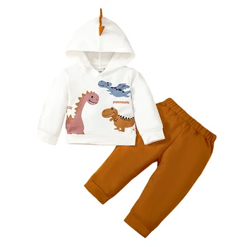  Осенняя одежда для маленьких мальчиков, классическая толстовка с капюшоном и рисунком динозавра, Комплект одежды для малышей