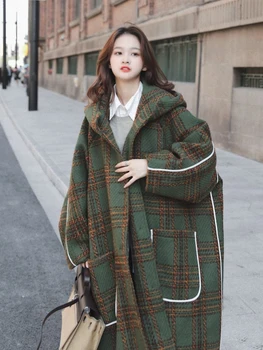  Осень зима с длинным негабаритных теплый белый лоскутный плед полушерстяные тренч пальто женщин с капюшоном корейской моды взлетно-посадочной полосы