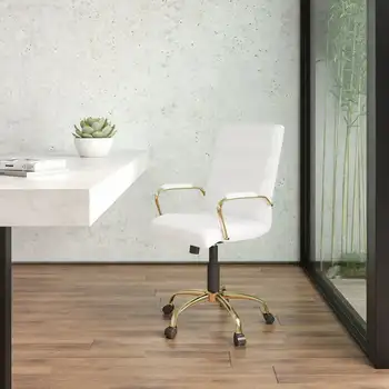  Офисное кресло для руководителей из мягкой кожи белого цвета со средней спинкой, с золотой рамой и подлокотниками