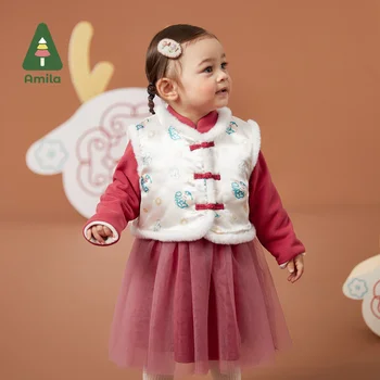  Платье для маленьких девочек Amila /Новинка зимы 2022, Милая юбка с принтом контрастного цвета, Складывающиеся манжеты и удобная теплая одежда