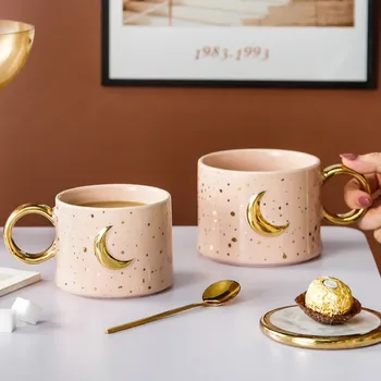  Простая и элегантная керамическая кружка 300 мл с золотой ручкой, креативная Чашка для кофе с молоком, Домашний Офис, Звезда, изысканный керамический подарок для пары