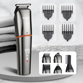  Профессиональная Электрическая машинка для стрижки волос Kemei для мужчин, многофункциональный Триммер для волос 5в1, светодиодный дисплей, Машинка для стрижки волос