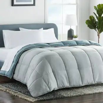  Реверсивная кровать в сумке, комплект из 7 предметов одеяла и 2 подушек, Queen, синий / серый