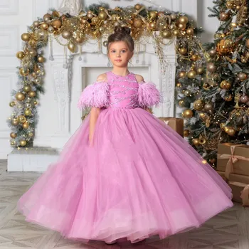  Розовые платья Трапециевидной формы с коротким рукавом для девочек в цветочек, топ с перьями и блестками, детское рождественское платье с блестками, платья для Первого Причастия