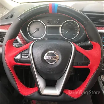  Ручная Строчка, Красная/Черная Кожаная крышка рулевого колеса автомобиля из углеродного волокна для Nissan Bluebird 2016-2021