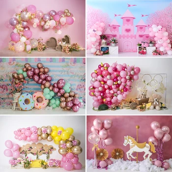  Фон для фотосъемки, Декор для вечеринки в честь Дня рождения Девочки с розовым воздушным шаром, Новорожденный Торт, Портретный фон для фотостудии